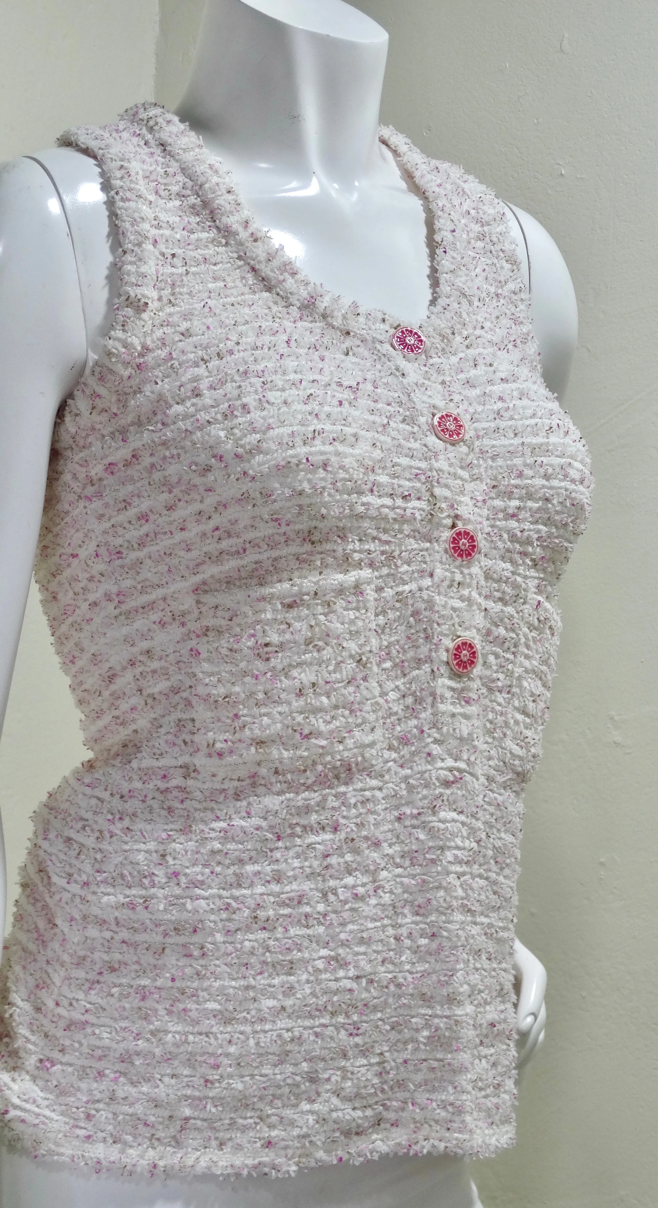 Chanel Resort 2016 Pink White Tweed Tank Top