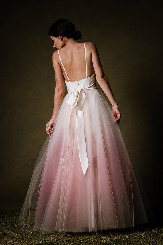 Chic Ombre A Line Prom Dress Long Sleeveless Tulle Cheap Prom Dress OHC453