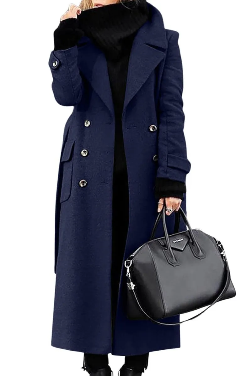 Chouyatou Women's Winter Double Breasted Wool Coat Business Casual Long Winter Pea Coat with Belt