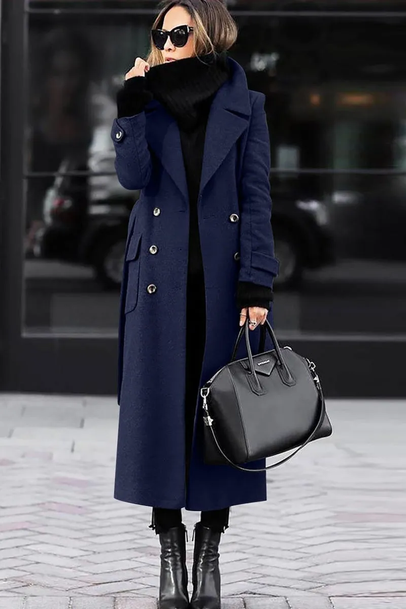Chouyatou Women's Winter Double Breasted Wool Coat Business Casual Long Winter Pea Coat with Belt