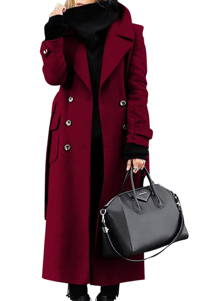 Chouyatou Women's Winter Double Breasted Wool Coat Business Casual Long Winter Pea Coat with Belt