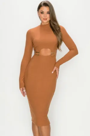 Cinnamon - Gold Buckle Detail Long Sleeve Dress