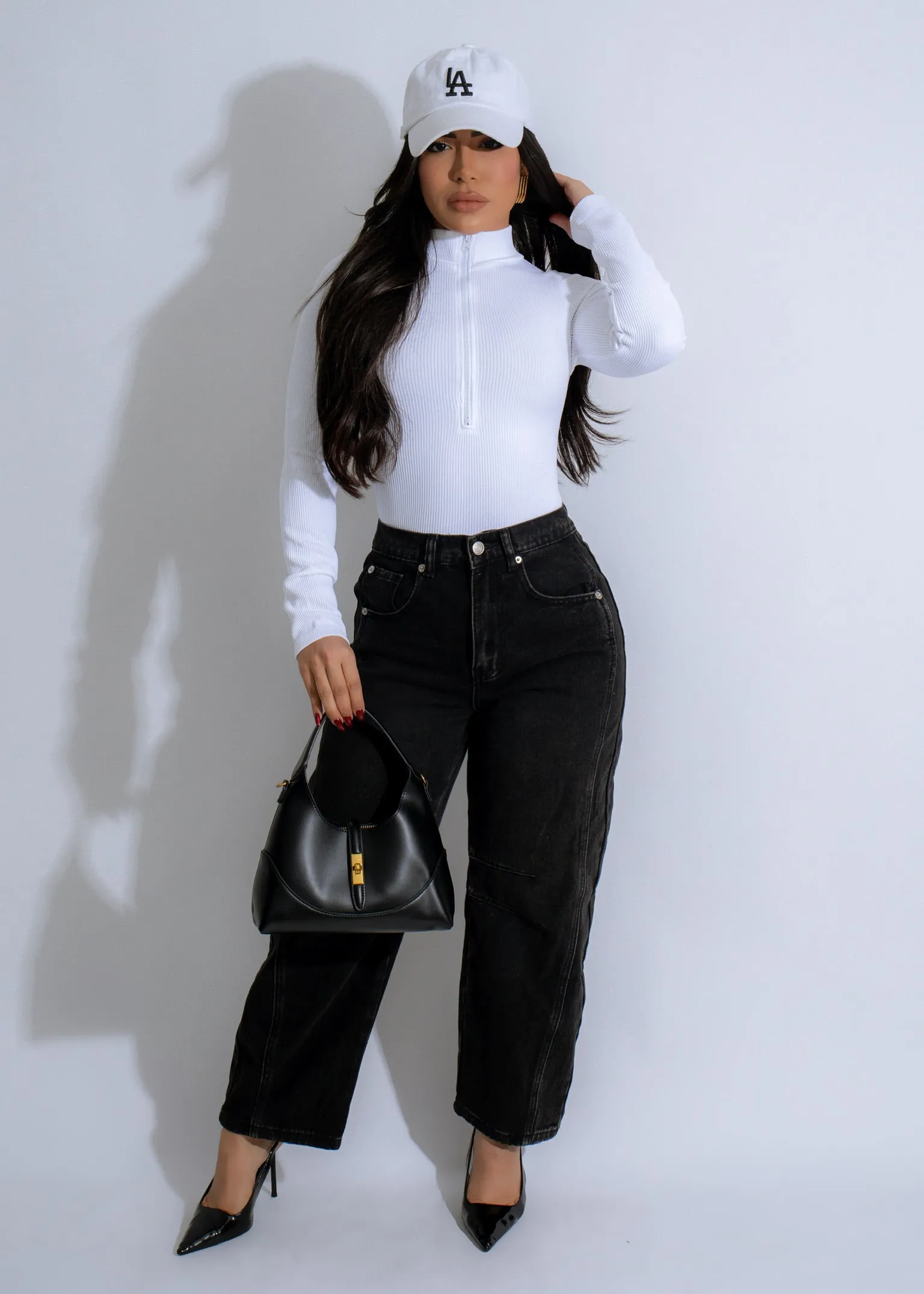 Contour Zip Ribbed Bodysuit White