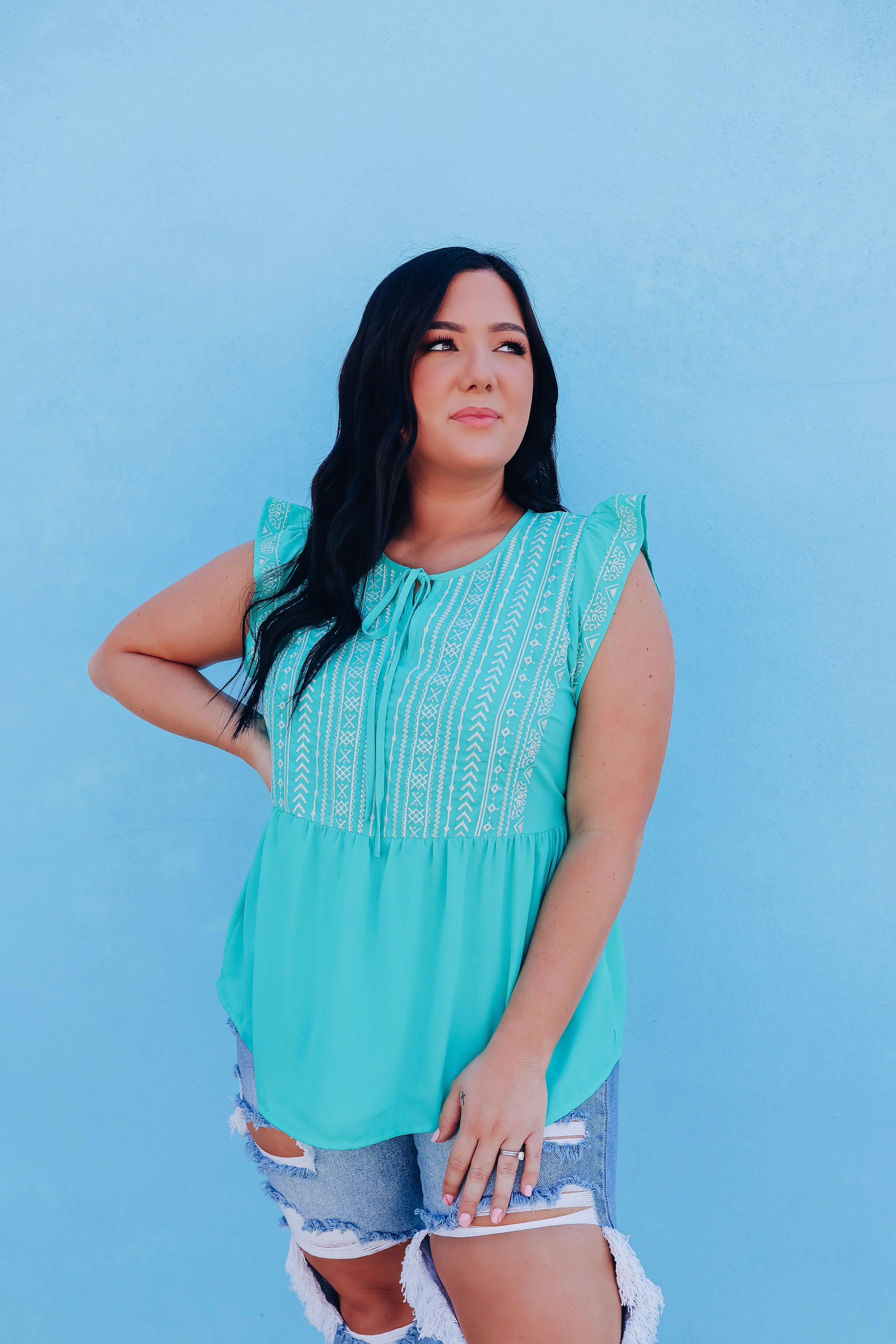 Coraline Tribal Embroidered Top - Teal