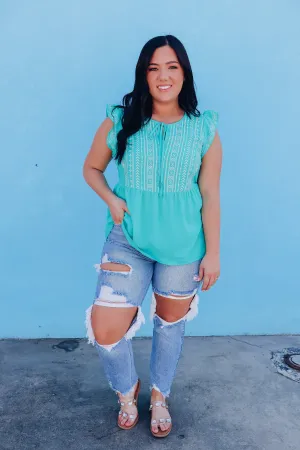 Coraline Tribal Embroidered Top - Teal