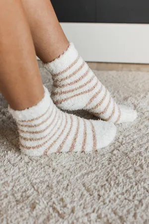 Cozy Moments Striped Fuzzy Knit Socks- White & Taupe