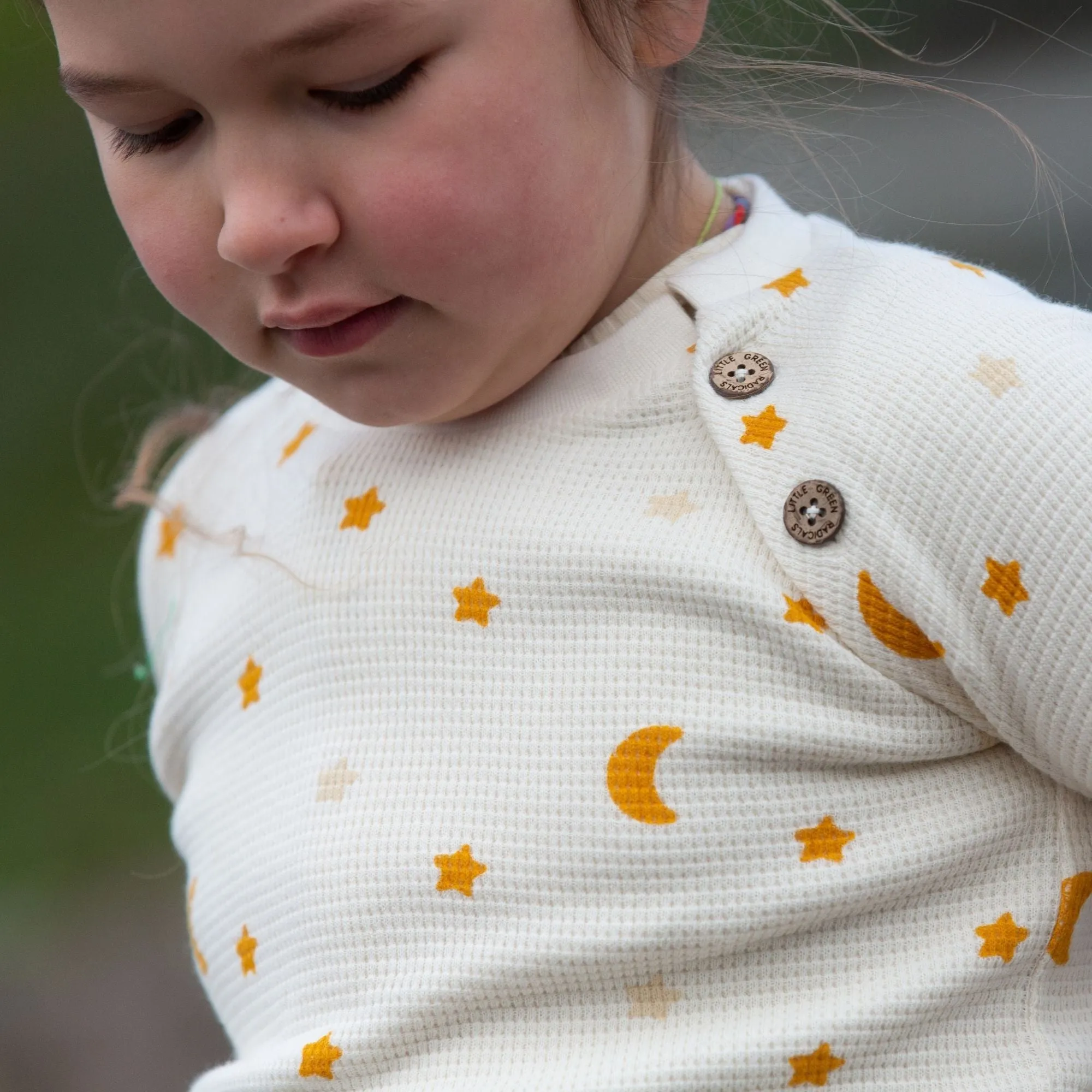 Cream Waffle Stars Long Sleeve Button Raglan T-Shirt