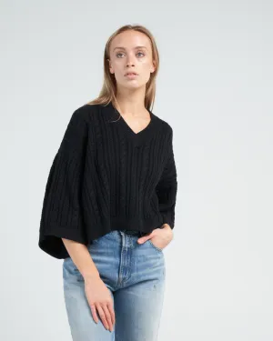 cropped cable v neck - black