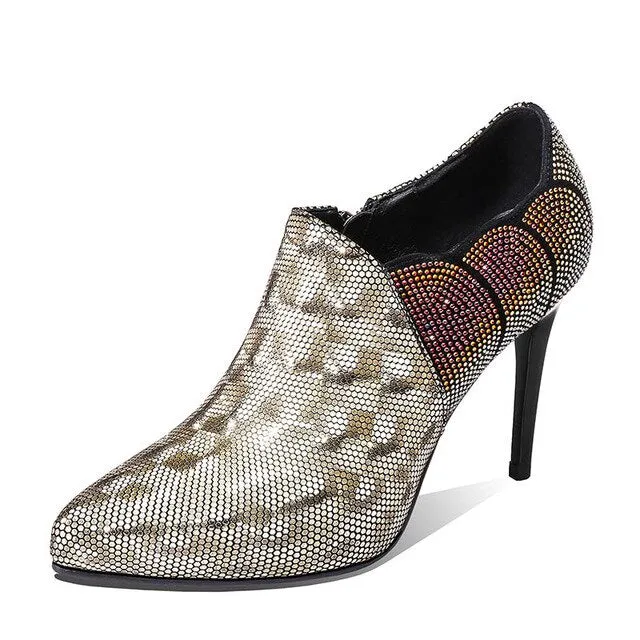 Crystal High Heels Spring Women Pumps Pointed Toe Leather Shoes Woman Zip Footwear Fashion Ladies Bling Shoes Bling
