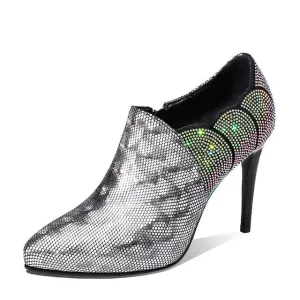 Crystal High Heels Spring Women Pumps Pointed Toe Leather Shoes Woman Zip Footwear Fashion Ladies Bling Shoes Bling