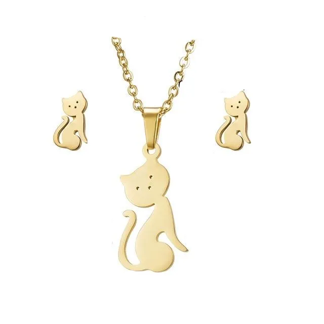 Cute Cat Butterfly  8 Stars Heart Pendant Jewelry Set Necklace Earrings Set