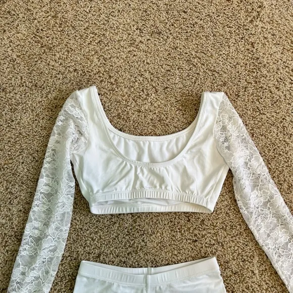 Dance Costume White Lace Crop Top Handkerchief Skirt Booty Shorts Medium
