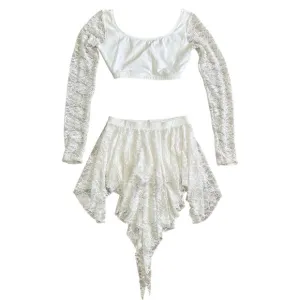 Dance Costume White Lace Crop Top Handkerchief Skirt Booty Shorts Medium