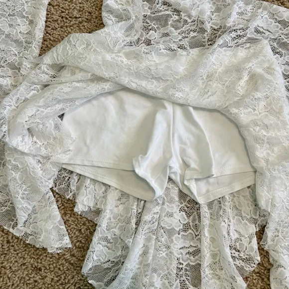 Dance Costume White Lace Crop Top Handkerchief Skirt Booty Shorts Medium