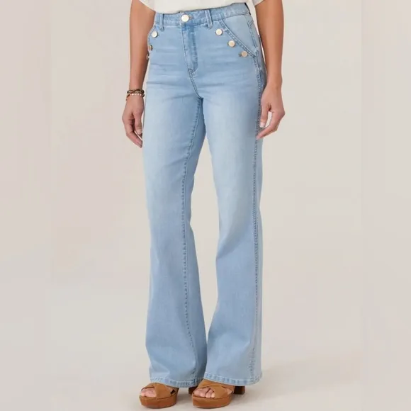 Democracy Ab solution Skyrise Long Flare Jean w Angled Button-Lined Pockets 12