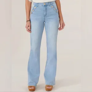 Democracy Ab solution Skyrise Long Flare Jean w Angled Button-Lined Pockets 12