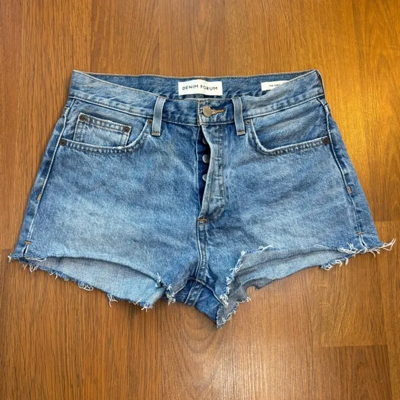 DENIM FORUM Yoko Short ARITZIA Button Fly Vintage Booty Blue Jean Cut Off Raw 26