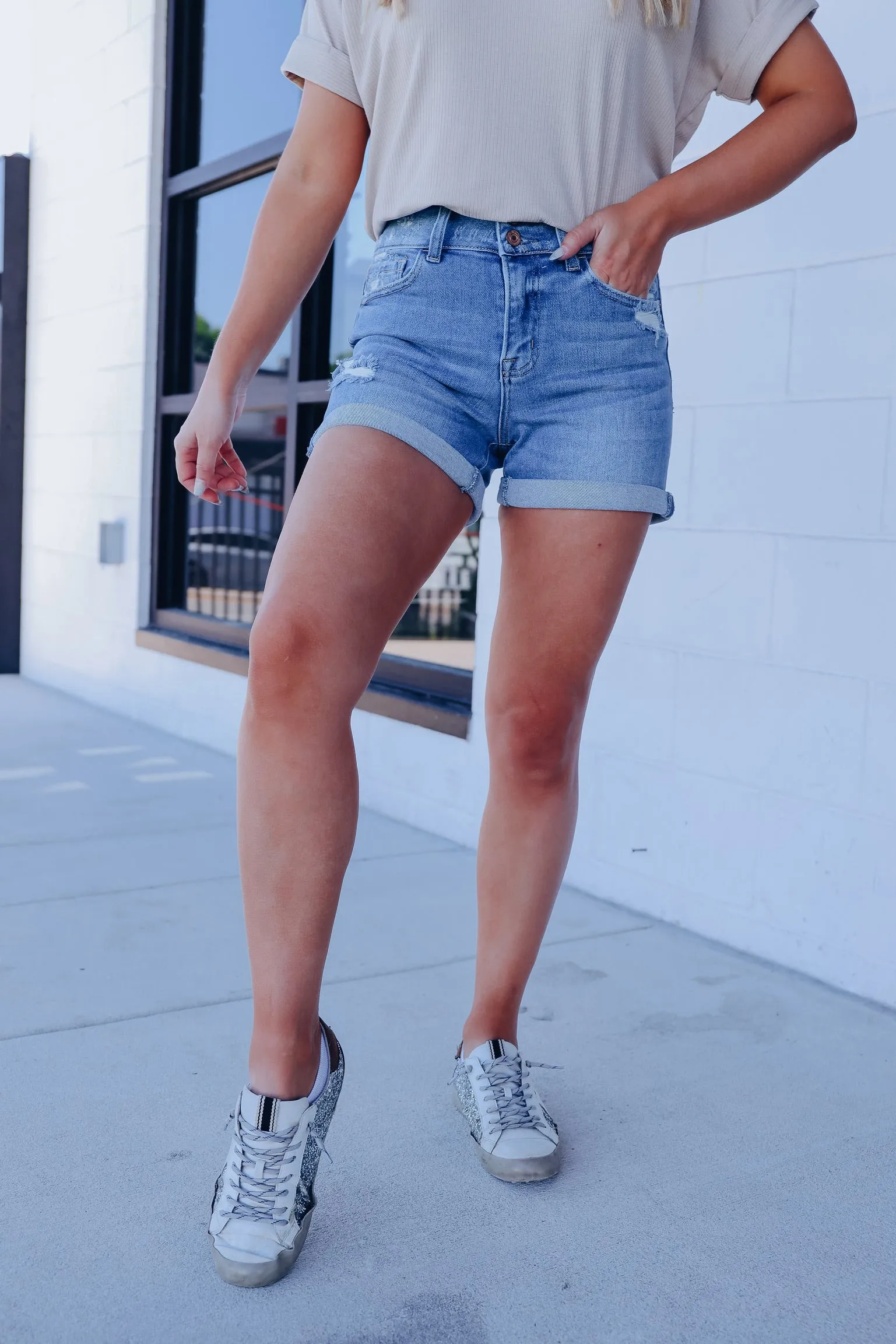 Double Trouble Button Cuffed Denim Shorts