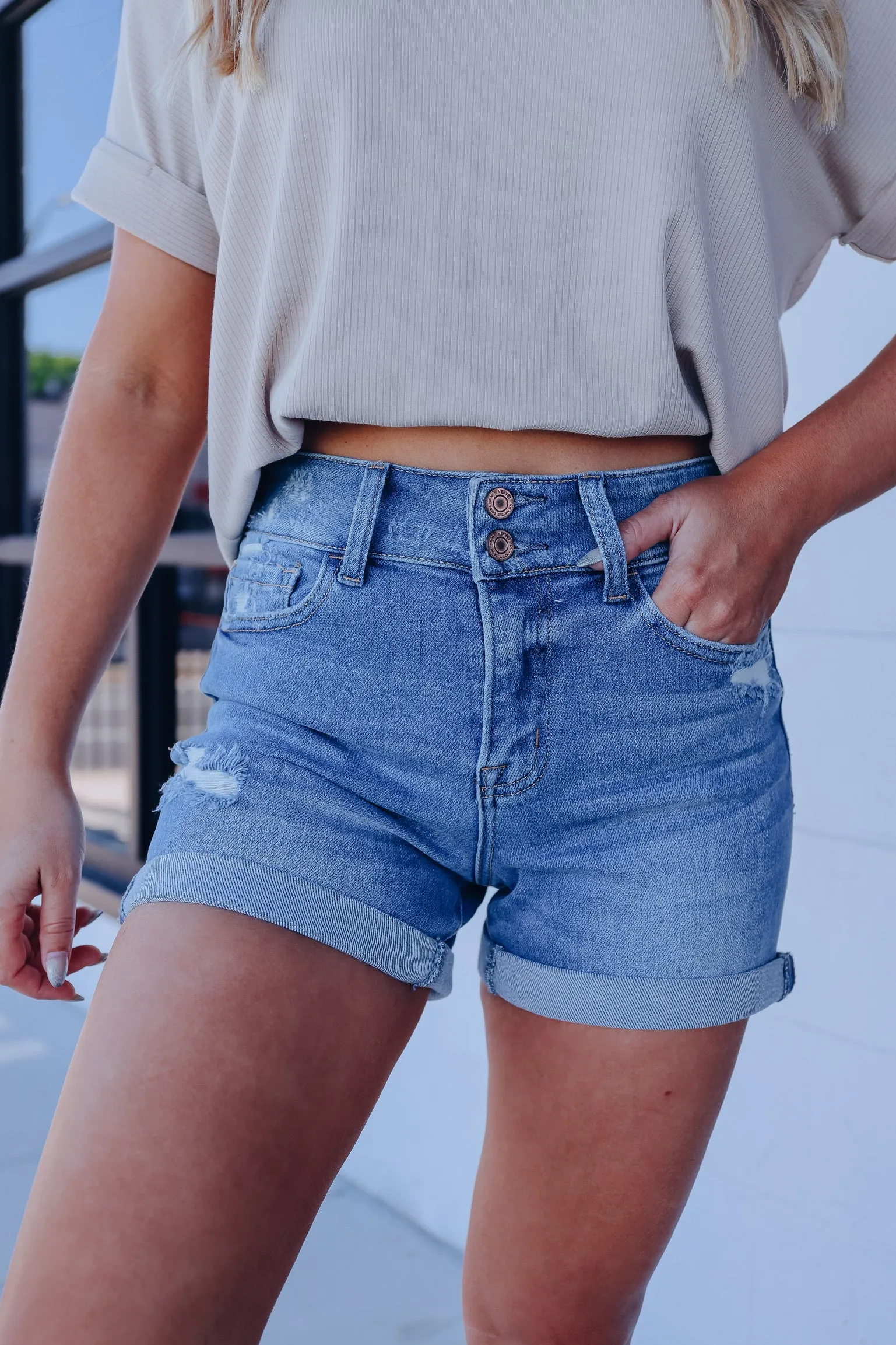 Double Trouble Button Cuffed Denim Shorts