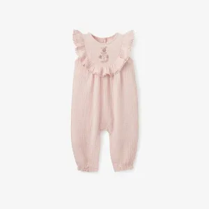 Elegant Baby Pink Floral Embroidered Organic Muslin Jumpsuit