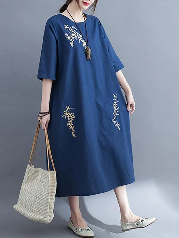 Embroidery Vintae Color Half-Sleeve Long Dress