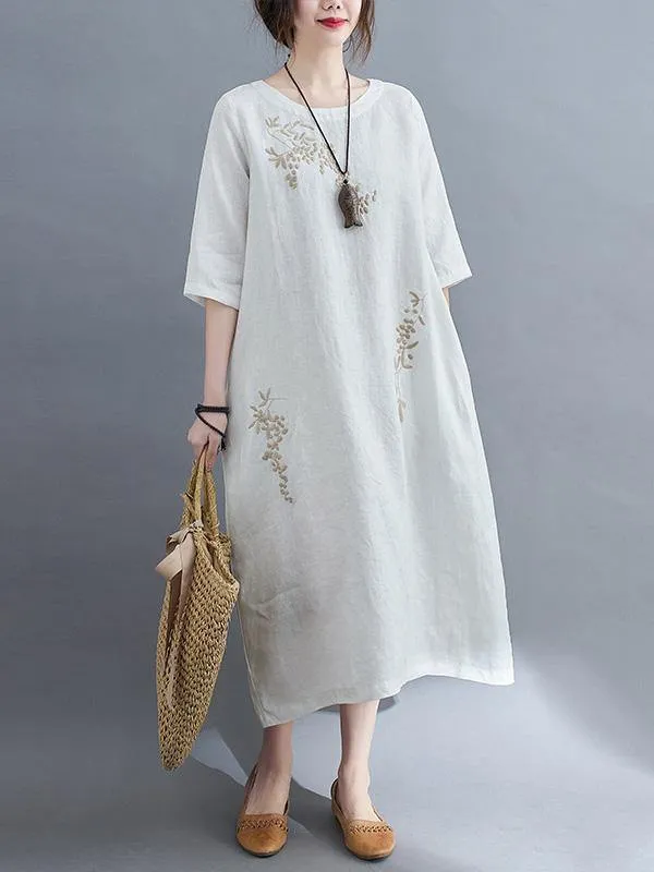 Embroidery Vintae Color Half-Sleeve Long Dress