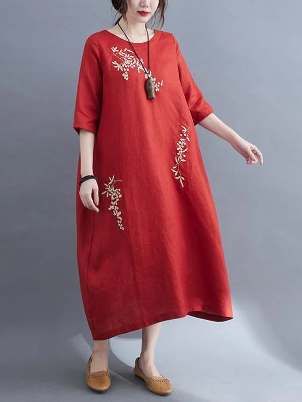 Embroidery Vintae Color Half-Sleeve Long Dress