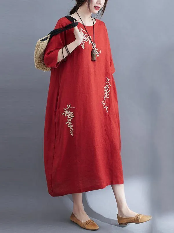 Embroidery Vintae Color Half-Sleeve Long Dress
