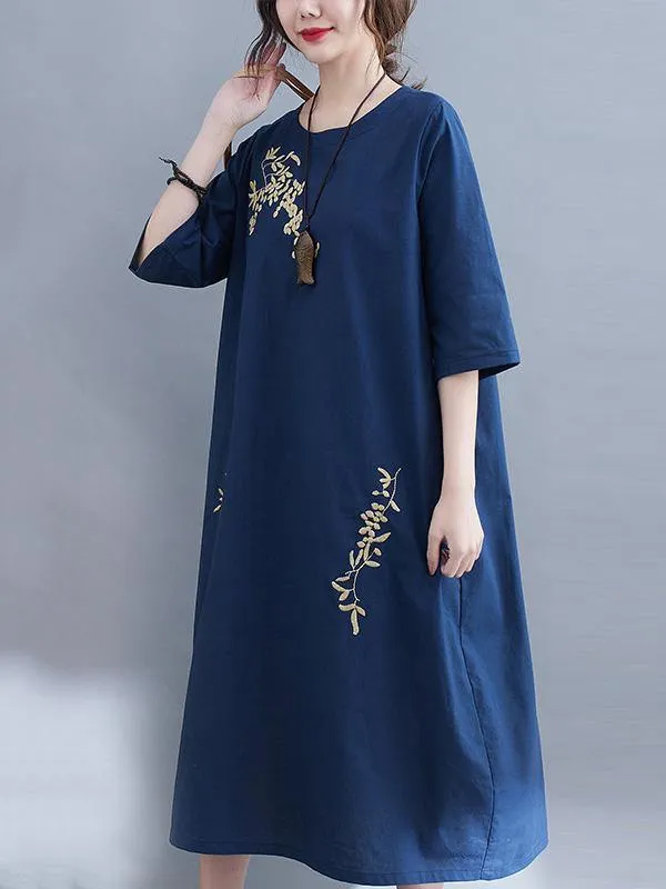 Embroidery Vintae Color Half-Sleeve Long Dress