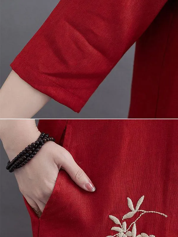 Embroidery Vintae Color Half-Sleeve Long Dress