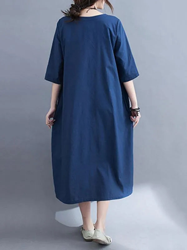 Embroidery Vintae Color Half-Sleeve Long Dress