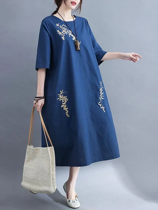 Embroidery Vintae Color Half-Sleeve Long Dress