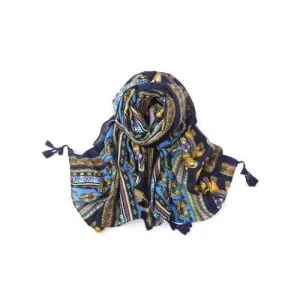 Ethnic Elephant Pattern Tassel Pendant Scarf - Blue