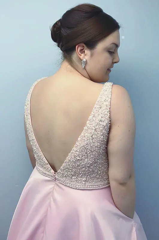 Fashion A Line Pink Satin V Neck Beaded Sleeveless Backless Long Senior Prom Dress Evening Dress OHC415