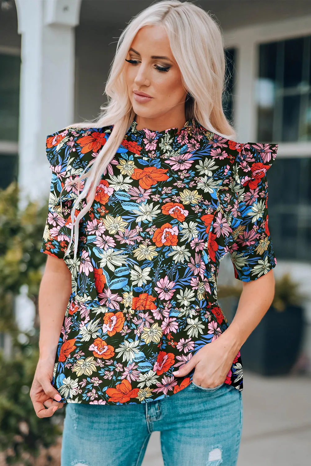 Floral Print Ruffle Peplum Top
