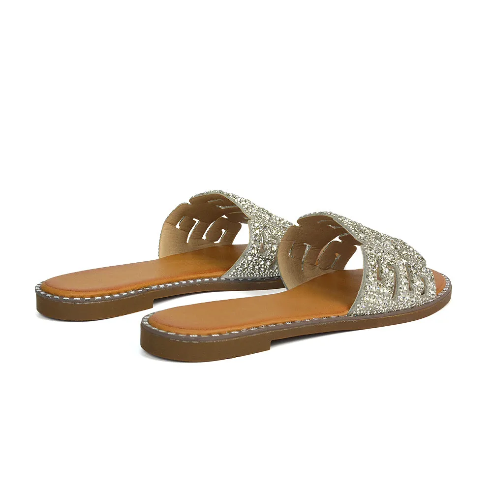 Freya Cut Out Embellished Diamante Flat Holiday Sandals Slip On Slides In Silver