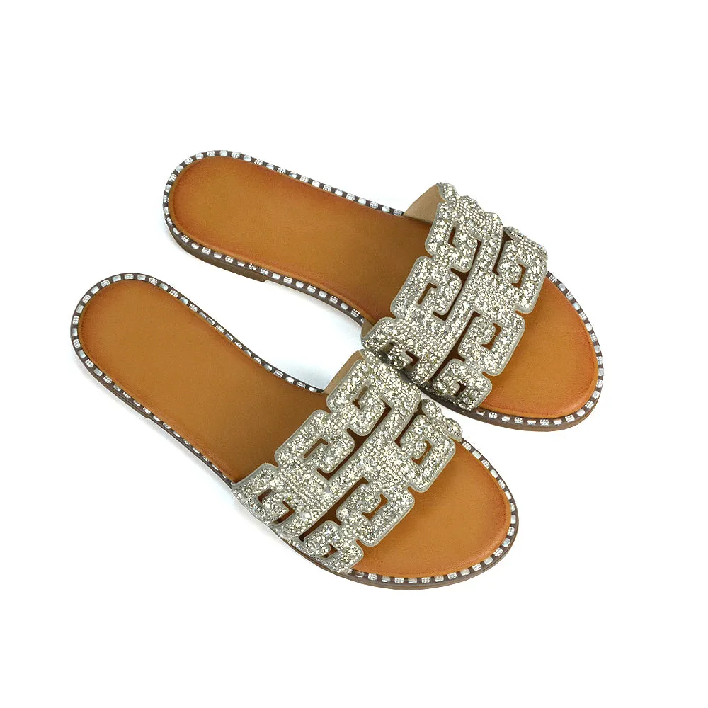 Freya Cut Out Embellished Diamante Flat Holiday Sandals Slip On Slides In Silver