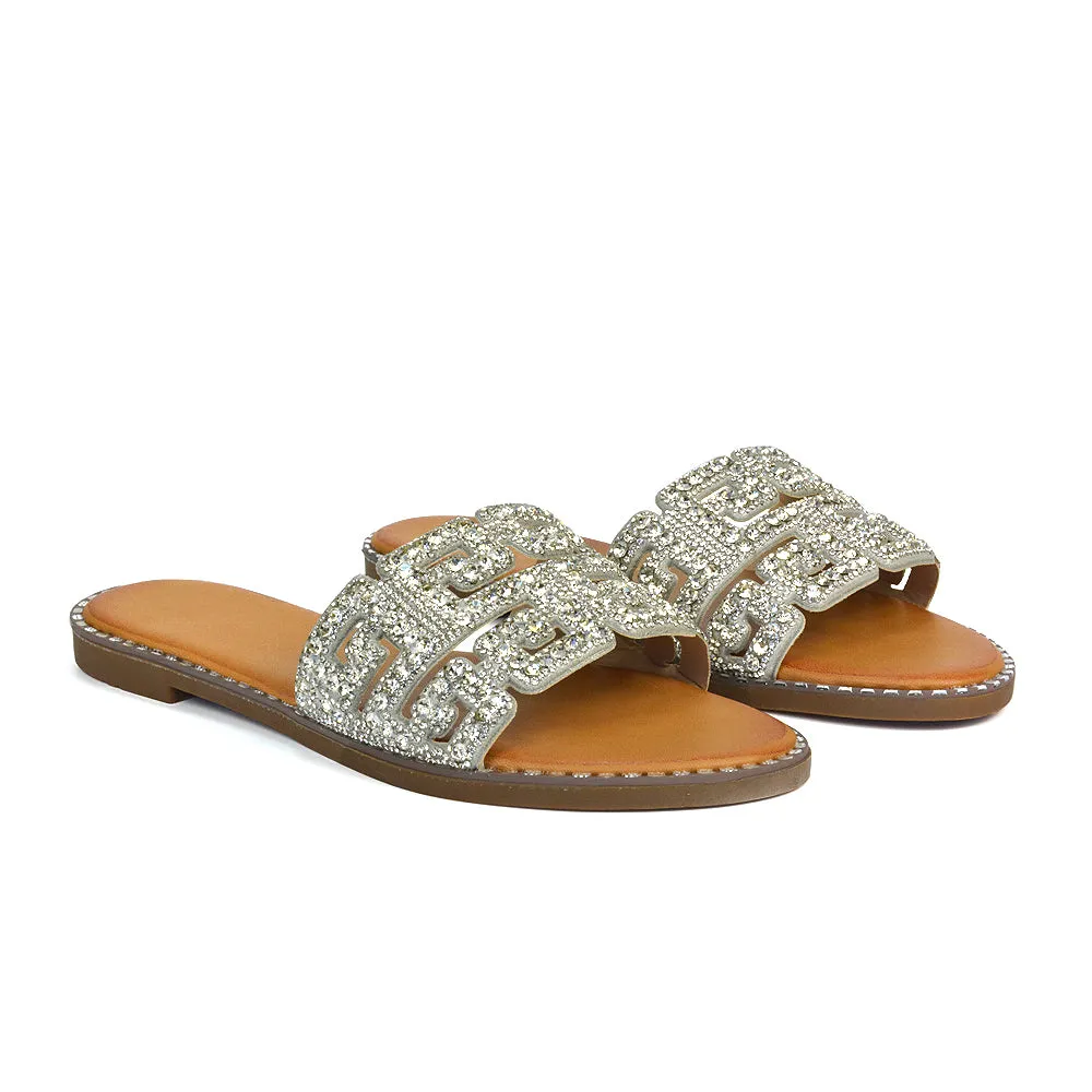 Freya Cut Out Embellished Diamante Flat Holiday Sandals Slip On Slides In Silver