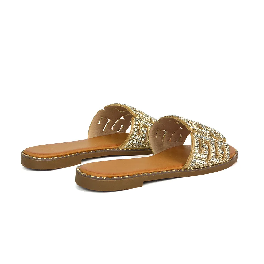 Freya Cut Out Embellished Diamante Flat Holiday Sandals Slip On Slides In Silver