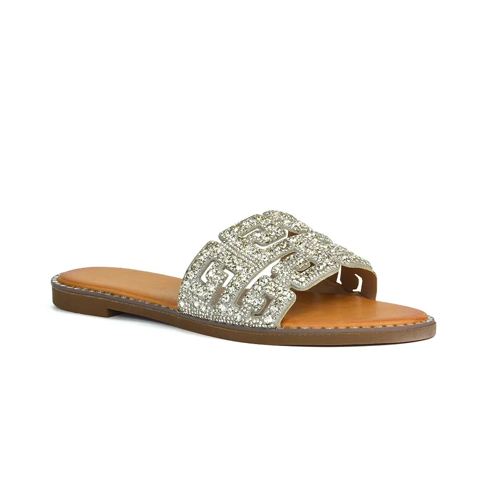Freya Cut Out Embellished Diamante Flat Holiday Sandals Slip On Slides In Silver