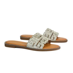 Freya Cut Out Embellished Diamante Flat Holiday Sandals Slip On Slides In Silver