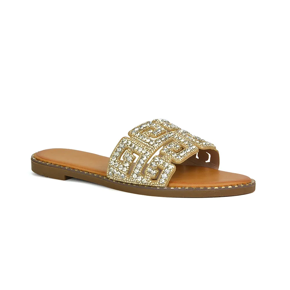 Freya Cut Out Embellished Diamante Flat Holiday Sandals Slip On Slides In Silver