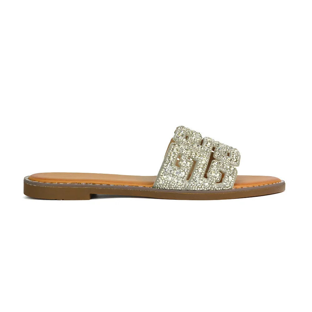 Freya Cut Out Embellished Diamante Flat Holiday Sandals Slip On Slides In Silver