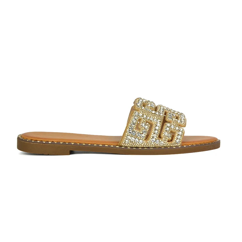 Freya Cut Out Embellished Diamante Flat Holiday Sandals Slip On Slides In Silver