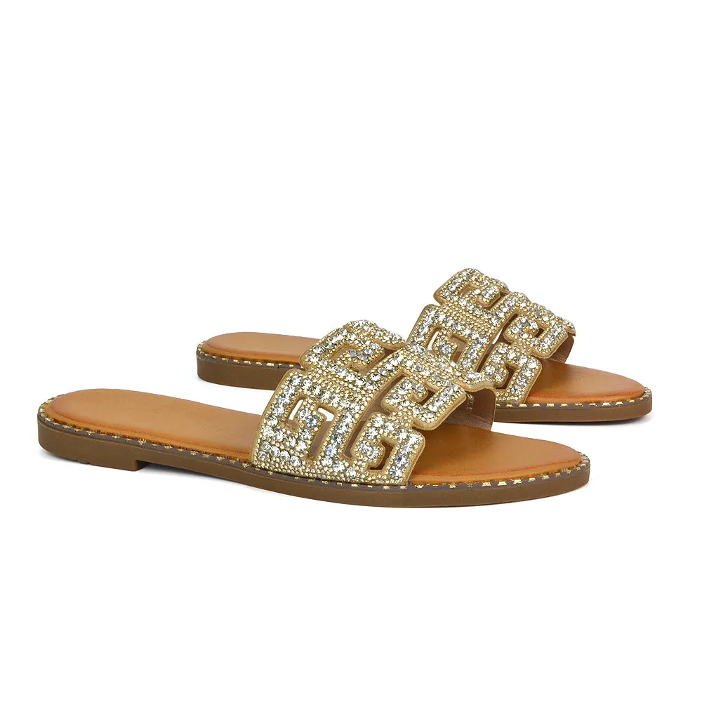 Freya Cut Out Embellished Diamante Flat Holiday Sandals Slip On Slides In Silver