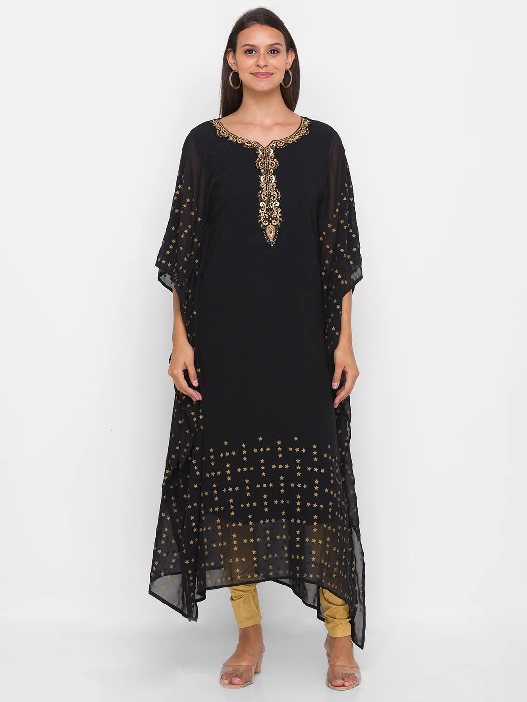 Georgette Round Neck Kimono Sleeves Black Ethnic Wear Kaftan for Women - ZOLA