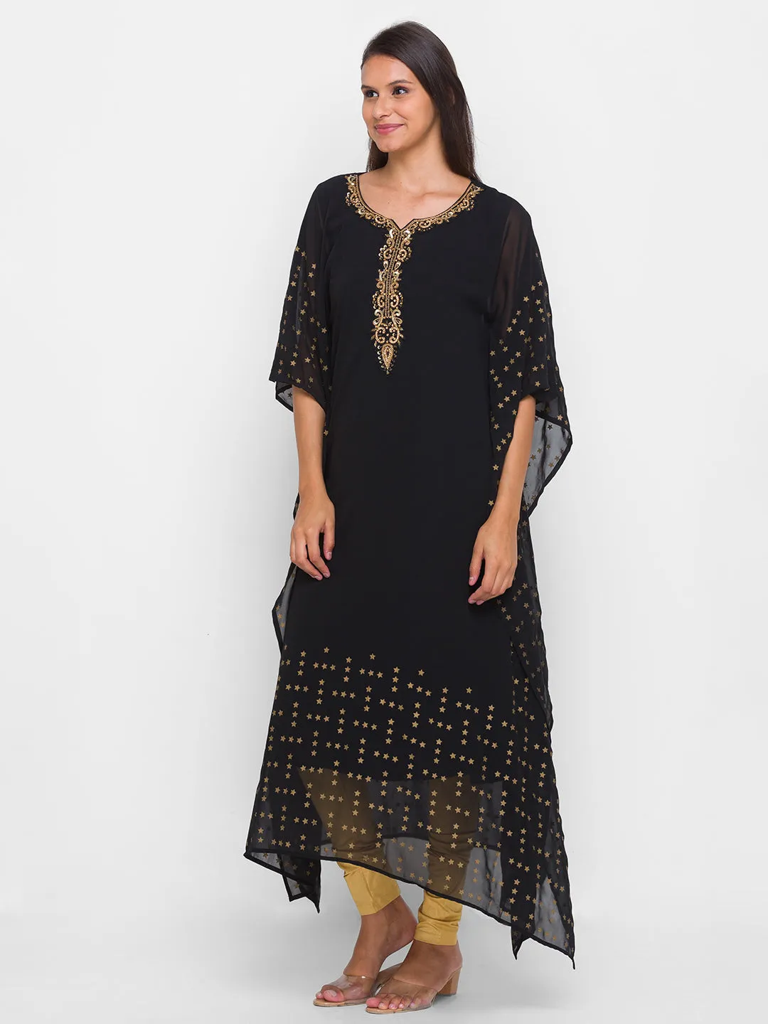 Georgette Round Neck Kimono Sleeves Black Ethnic Wear Kaftan for Women - ZOLA
