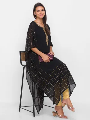 Georgette Round Neck Kimono Sleeves Black Ethnic Wear Kaftan for Women - ZOLA