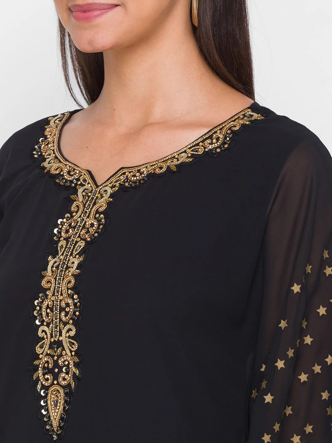 Georgette Round Neck Kimono Sleeves Black Ethnic Wear Kaftan for Women - ZOLA