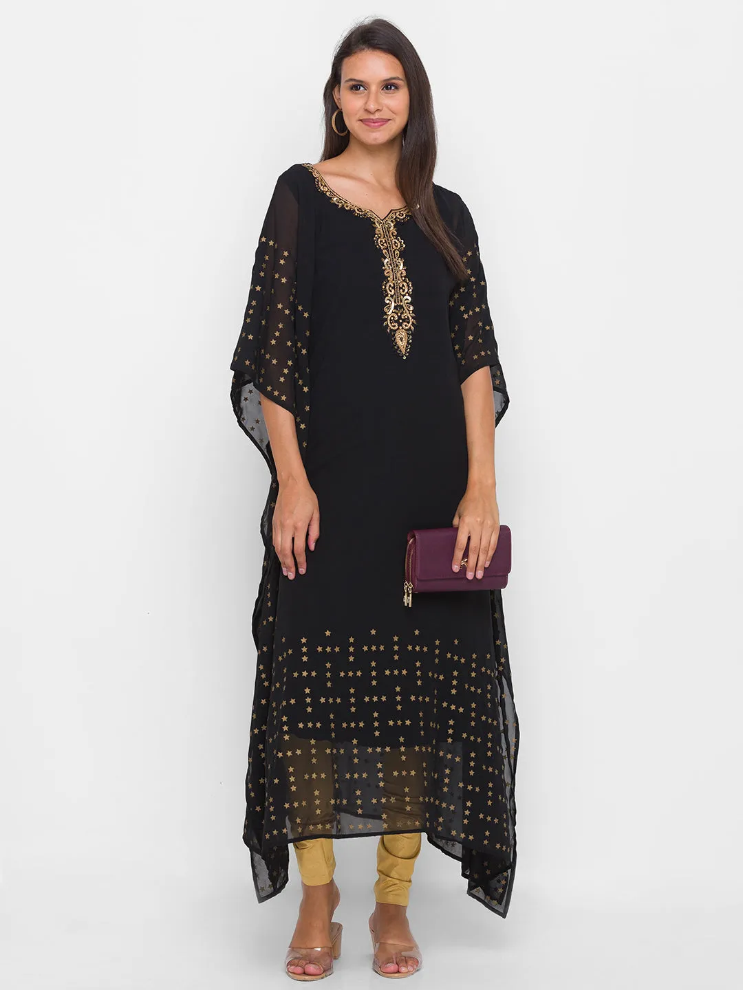 Georgette Round Neck Kimono Sleeves Black Ethnic Wear Kaftan for Women - ZOLA